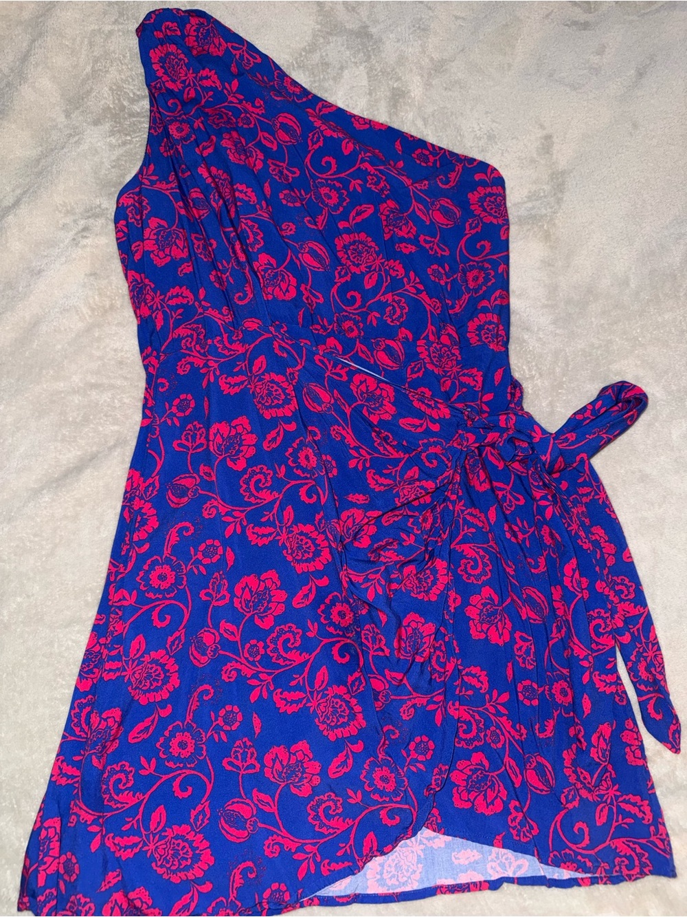 One-Shoulder Floral Dress in Blue and Hot Pink